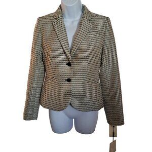 CALVIN KLEIN NWT cropped blazer Sz 2 Beige Black & Gold threads FORMAL OFFICE